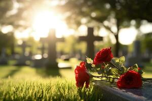 Red roses on a grave at a cemetery during the sunset with copy space AI generated photo