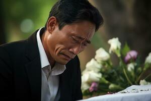 Elderly asian man with funeral sorrow and flowers in church AI generated photo