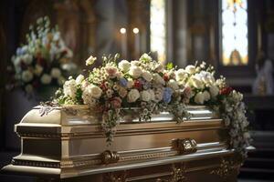 hermosa flores en un ataúd a un funeral ai generado foto