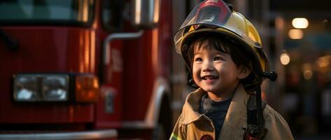 Portrait of happy asian boy wearing firefighter uniform with fire truck in background AI generated photo