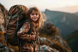 little girl with backpack hiking on mountain peak at sunset, travel and adventure concept AI generated photo