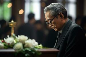 Elderly asian man with funeral sorrow and flowers in church AI generated photo