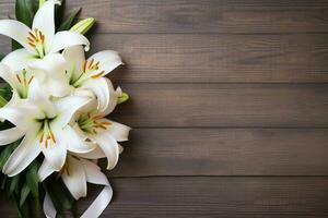 White lily flowers on wooden background. Top view with copy space.Funeral Concept AI generated photo