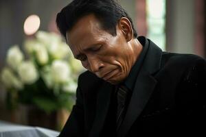 mayor asiático hombre con funeral dolor y flores en Iglesia ai generado foto