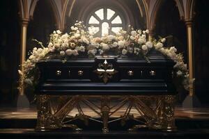 closeup shot of a casket in a hearse or chapel before funeral or burial at cemetery AI generated photo