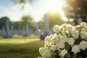 blanco flores en frente de un lápida sepulcral a un cementerio con atardecer.funeral concepto ai generado foto