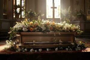 Beautiful flowers in a coffin at a funeral AI generated photo