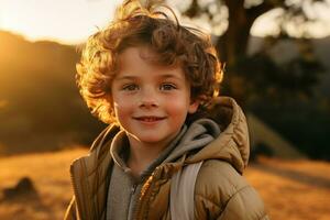 retrato de un linda chico mirando a cámara mientras cerca su tienda en naturaleza ai generado foto