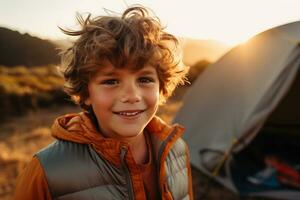 Portrait of a cute boy looking at camera while near his tent in nature AI generated photo