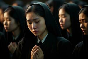 Asian woman in mourning at a funeral, shallow depth of field.Funeral Concept AI generated photo