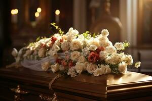 hermosa flores en un ataúd a un funeral ai generado foto