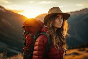 hermosa mujer caminante con mochila excursionismo en el montañas a puesta de sol ai generado foto