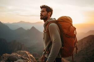 Handsome young man with backpack hiking in the mountains at sunset AI generated photo