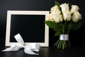 White roses with ribbon and photo frame on black background.Funeral Concept AI generated