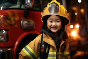 retrato de un linda pequeño asiático niña vistiendo un bombero uniforme ai generado foto