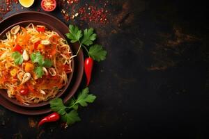 Thai food Som tum, Spicy green papaya salad.Top view AI generated photo