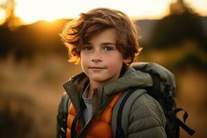 retrato de un linda chico mirando a cámara mientras cerca su tienda en naturaleza ai generado foto