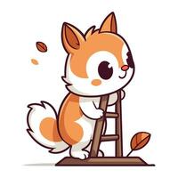 Cute cartoon fox standing on stepladder. Vector illustration.