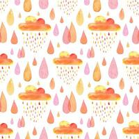 Watercolor clouds and drops seamless pattern. For design of children's room and textiles, printing. Painted by hands in naive style with bright colors. Use as background, scrapbooking paper, packaging photo