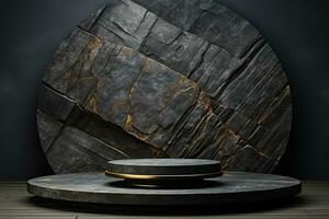 Empty stage for product. Podium, pedestal, place for product demonstration, platform. Minimalism, stones, black strict style photo