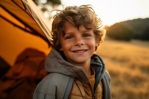 Portrait of a cute boy looking at camera while near his tent in nature AI generated photo