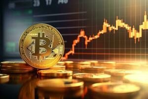 Golden Bitcoin on the background of the stock market chart. Cryptocurrency concept. AI generated photo