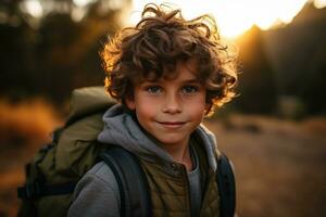 Portrait of a cute boy looking at camera while near his tent in nature AI generated photo