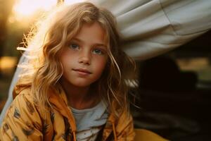 Portrait of cute little girl at camera while standing near camping tent at sunset AI generated photo