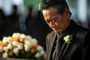 mayor asiático hombre con funeral dolor y flores en Iglesia ai generado foto