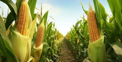 Closeup corn cobs in corn plantation field. Generative AI photo