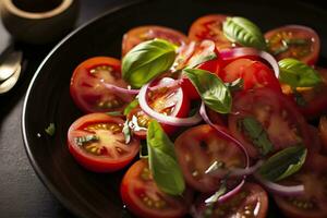 Healthy tomato salad with onion basil olive oil and balsamic vinegar. AI Generated photo