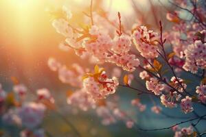 Spring blossom background. Nature scene with blooming tree and sun flare. Generative AI photo