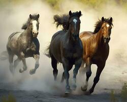 un grupo de caballos corriendo en el tierra. generativo ai foto