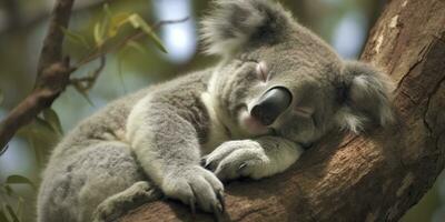 Koala asleep in tree. AI Generated photo