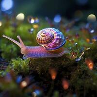 Iridescent Snail in a Fairy Forest, Close Up of a Shimmering Shell. AI Generative photo