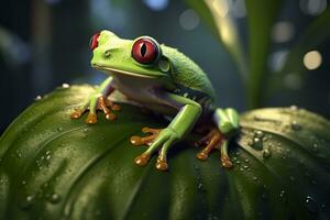 Tree Frog sitting on plant. AI Generated photo