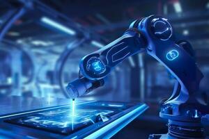 Arm robot working with Screen monitor control industrial machine robot arm line. Generative AI photo