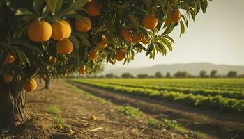 un naranja árbol es en el primer plano con un granja campo antecedentes. generativo ai foto