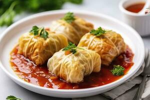 Stuffed cabbage with rice on a white table. Generative AI photo