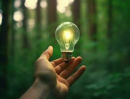 Creative Photo of a Hand Holding Light Bulb, energy saving Ai generated
