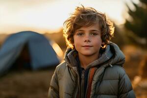 Portrait of a cute boy looking at camera while near his tent in nature AI generated photo