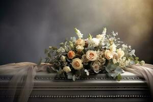 White coffin with flowers. The concept of funeral. AI generated photo