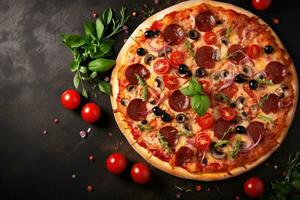 Pepperoni pizza on a Dark background. Top view with copy space. AI generated photo