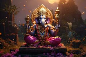 Hindu God Ganesha with flowers AI generated photo