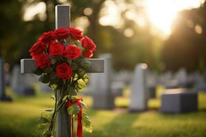 rojo rosas en un tumba a un cementerio durante el puesta de sol con Copiar espacio ai generado foto