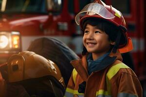 Portrait of cute little boy wearing firefighter uniform in the fire department AI generated photo