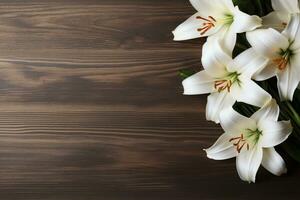 White lily flowers on wooden background. Top view with copy space.Funeral Concept AI generated photo