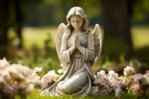 Angel statue with white roses in the cemetery.Religious background AI generated photo