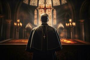 Rear view of priest looking at church interior. Religion concept. AI generated photo