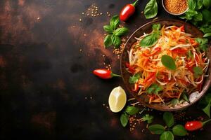 Thai food Som tum, Spicy green papaya salad.Top view AI generated photo